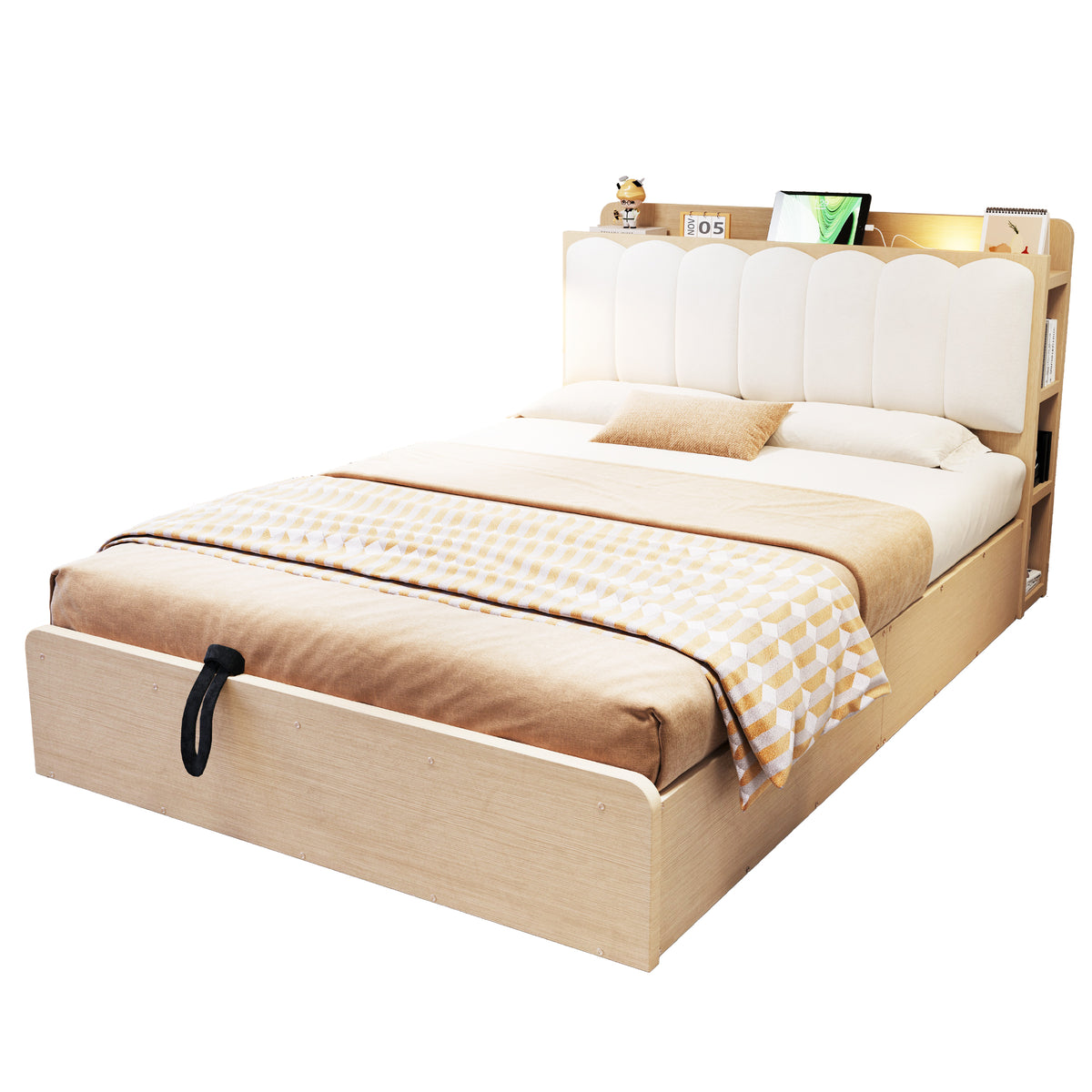 Wooden Flatbed 140x200 with Hydraulic Storage & USB, Wood Color