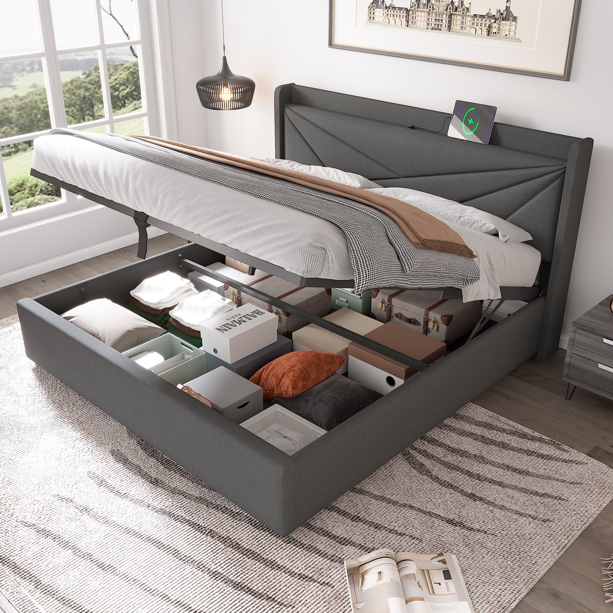 Upholstered Bed Storage USB Type C Headboard 180x200 Slatted Base, Linen Material