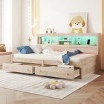 Daybed Sofa Bed 90x200cm Nightstand USB Charging Ambient Lighting 2 Drawers Chipboard Natural