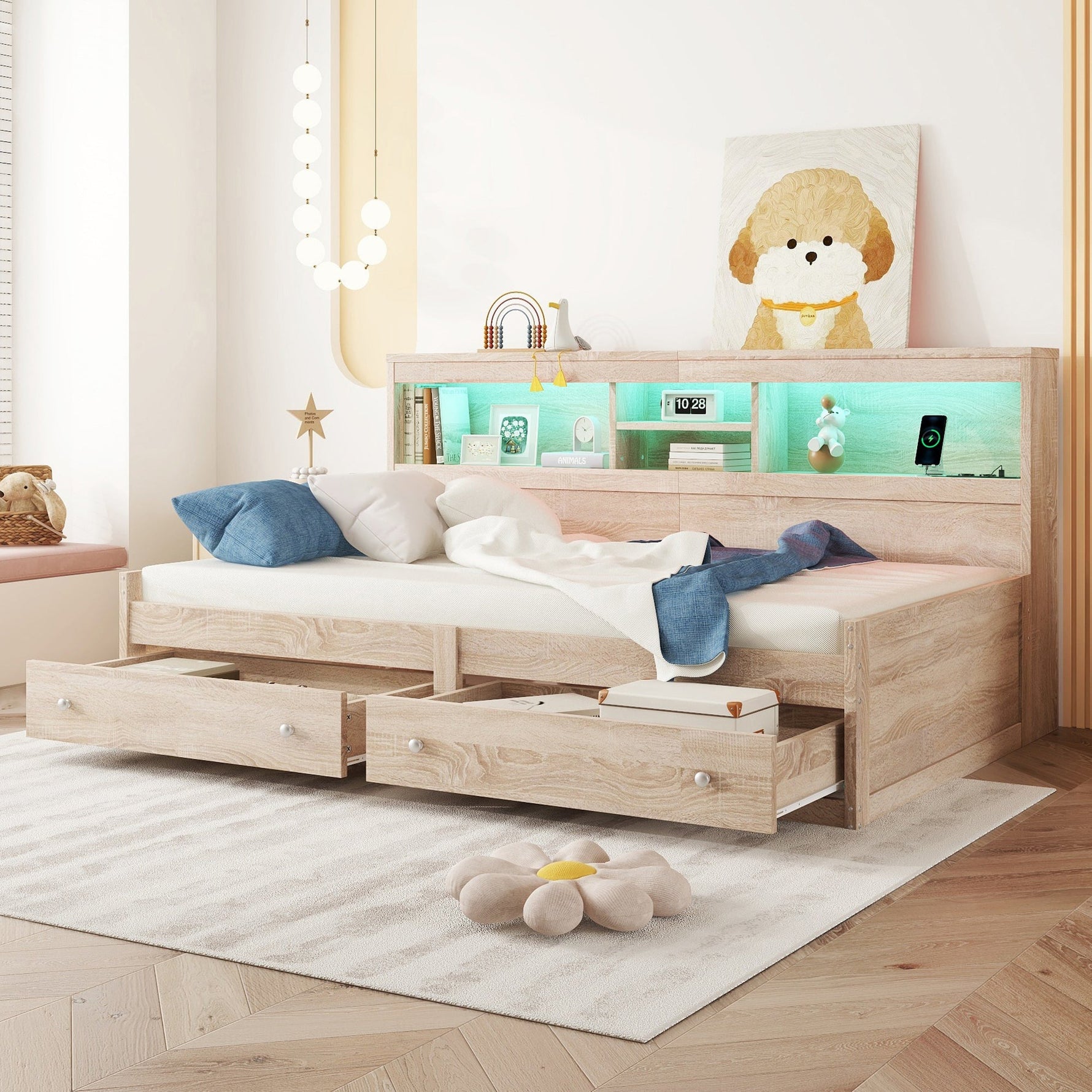Daybed Sofa Bed 90x200cm Nightstand USB Charging Ambient Lighting 2 Drawers Chipboard Natural