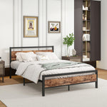 Bed Frame 140x200 cm with Slatted Base & Storage, Metal & Wood