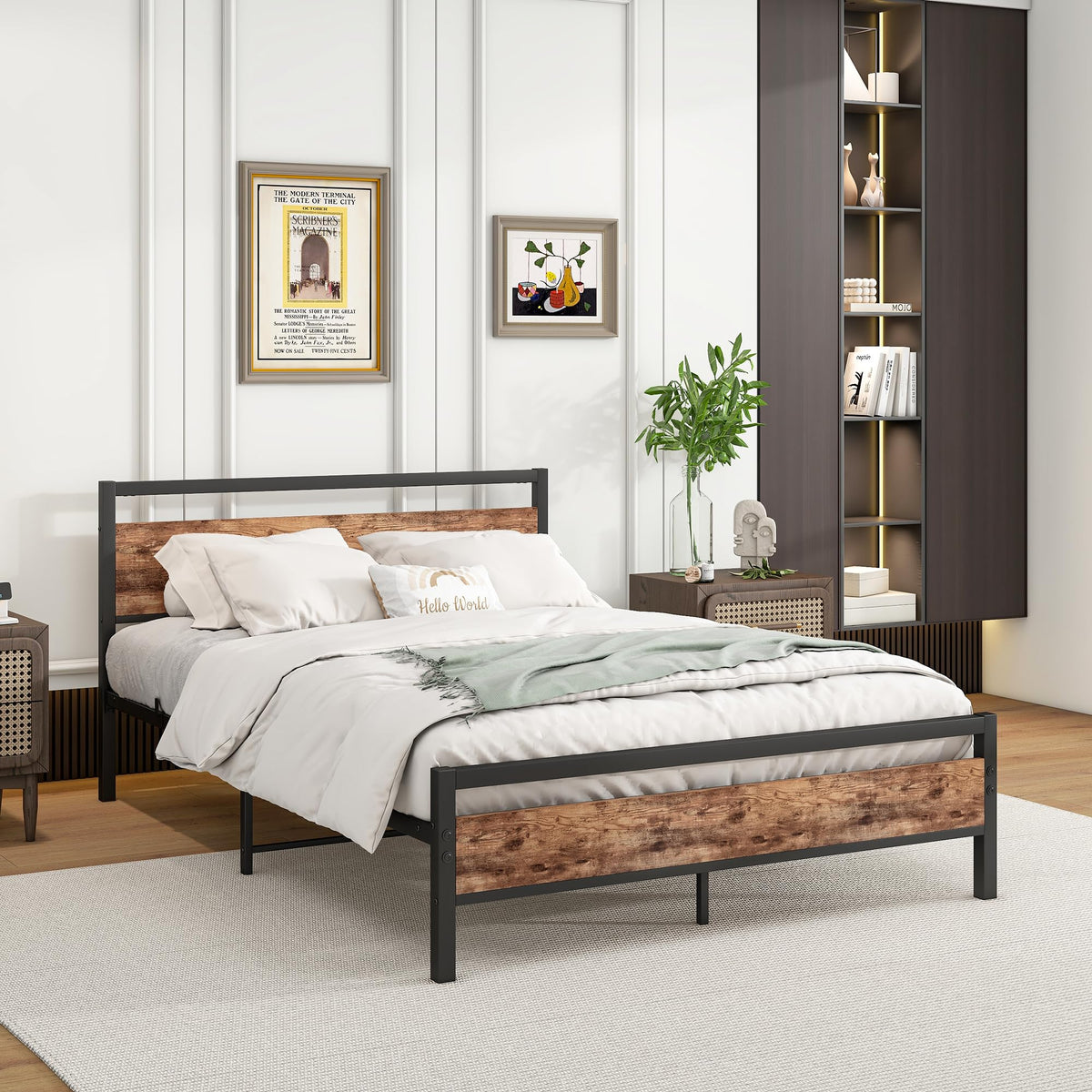 Bed Frame 140x200 cm with Slatted Base & Storage, Metal & Wood