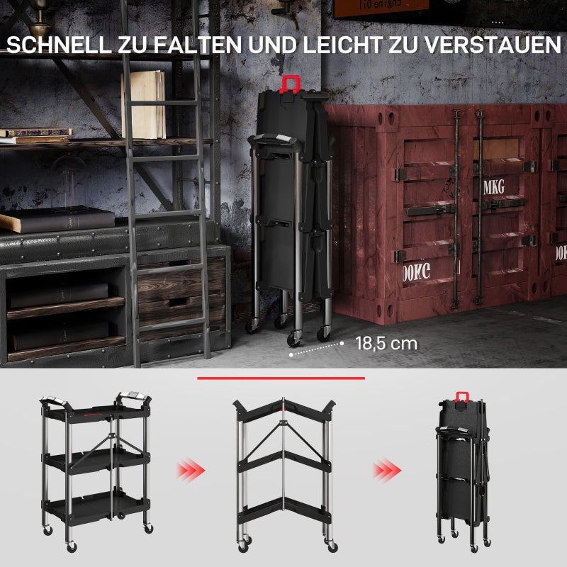 Workshop trolley 3 levels foldable tool with handle, 68 kg load capacity, black