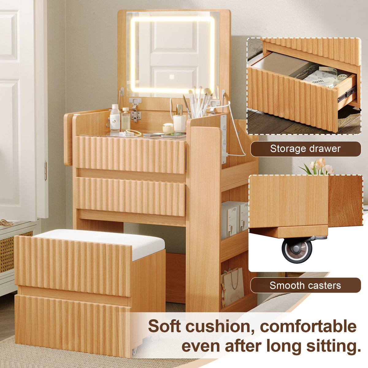 Small Vanity Table Set with LED Mirror & Power Outlets