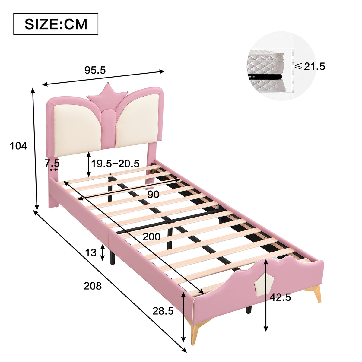 Kids Upholstered Bed 90x200cm Crown Headboard, Pink & White