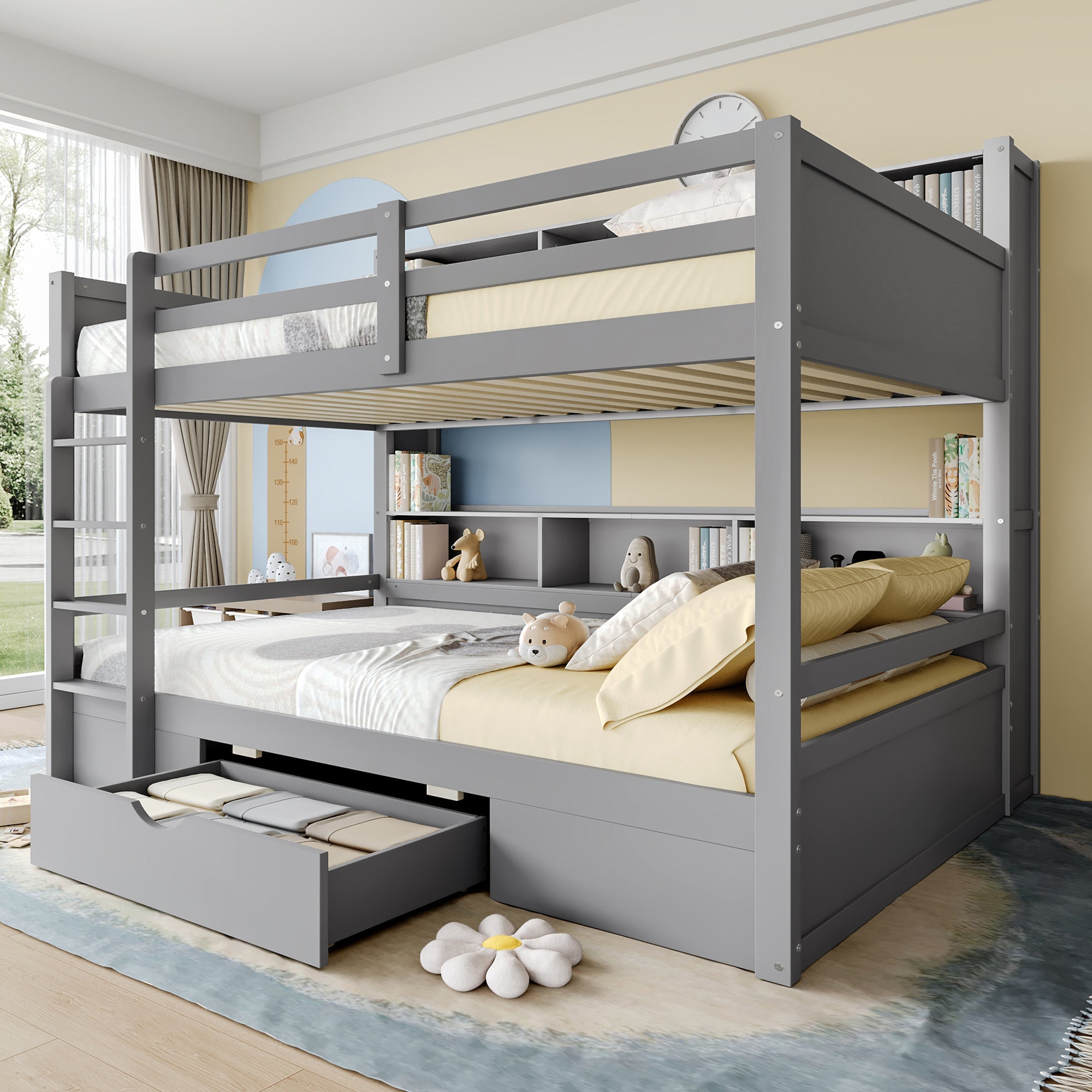 Bunk Bed 90x200cm Single Bed with Drawers Storage Without Mattress Grey