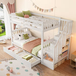 Bunk Bed with Stair Shelf and Two Storage Drawers, 90x200cm, White Pine Wood and MDF