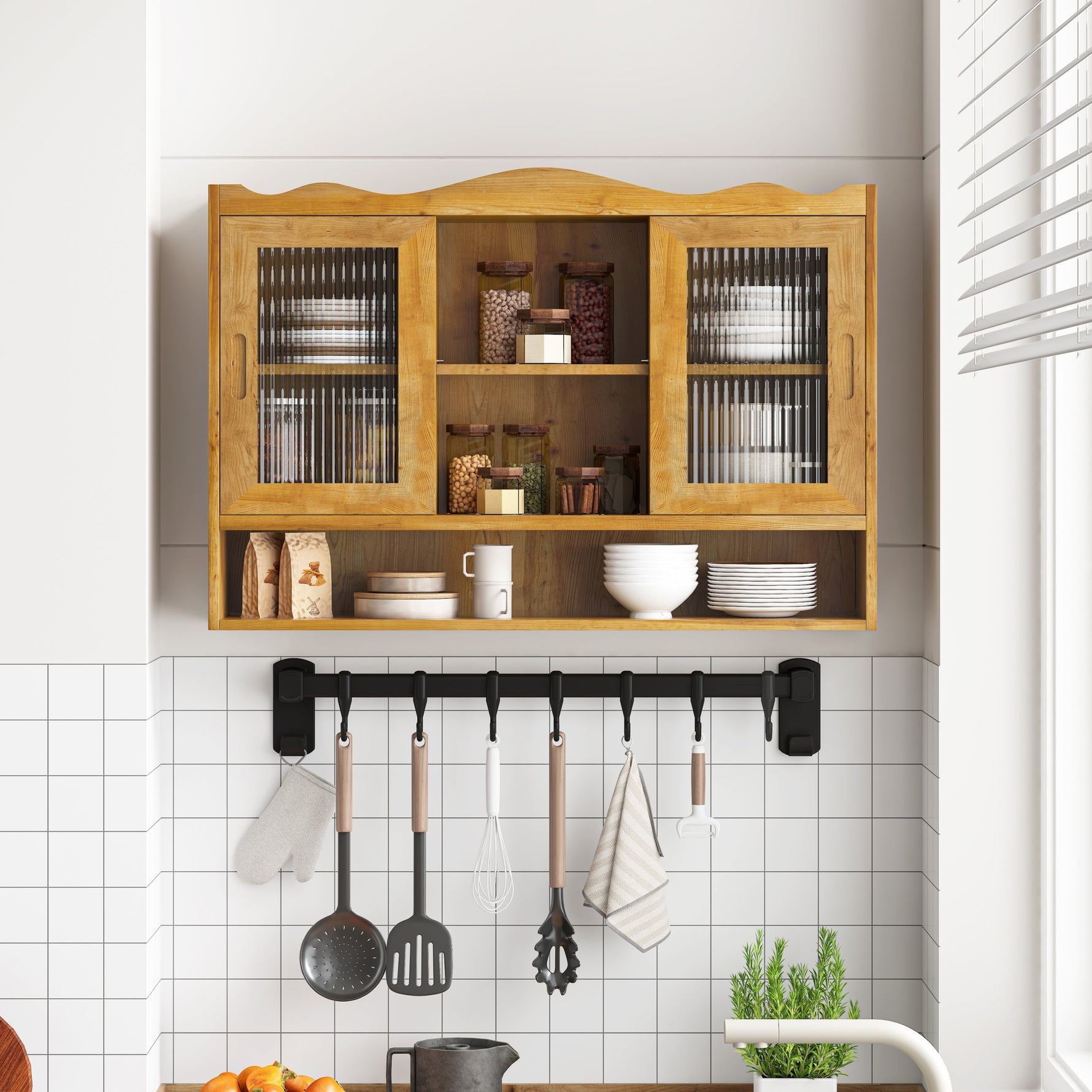Retro 2 Door Sliding Cabinet 90CM Three Layers Storage Space, Natural Finish