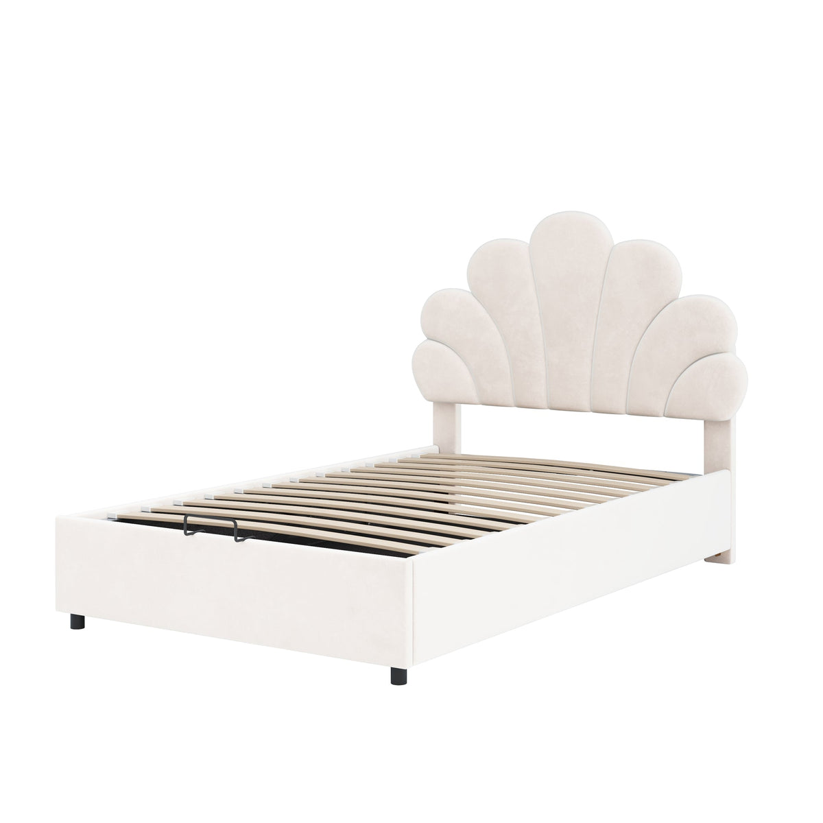 Upholstered Children's Bed 90x200cm Floral Hydraulic Storage Velvet Beige