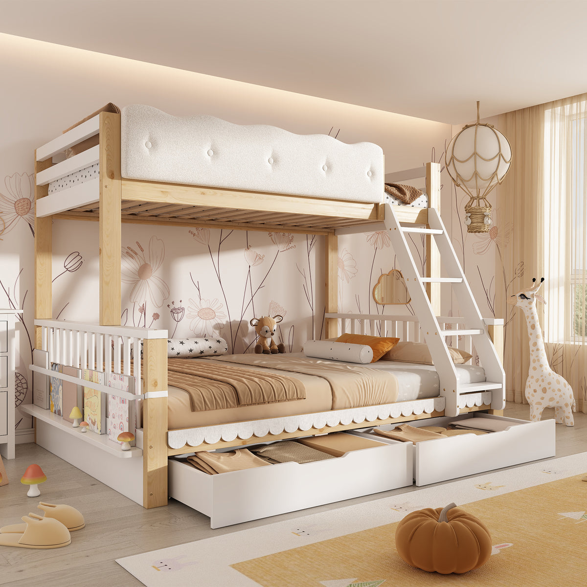 Children's Bunk Bed 90x200/140x200 with Drawers, White & Oak