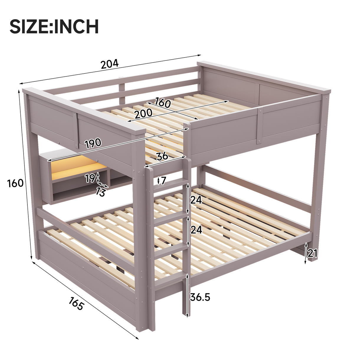 Bunk Bed 160x200 with Storage Cabinets & LED Light, Brown