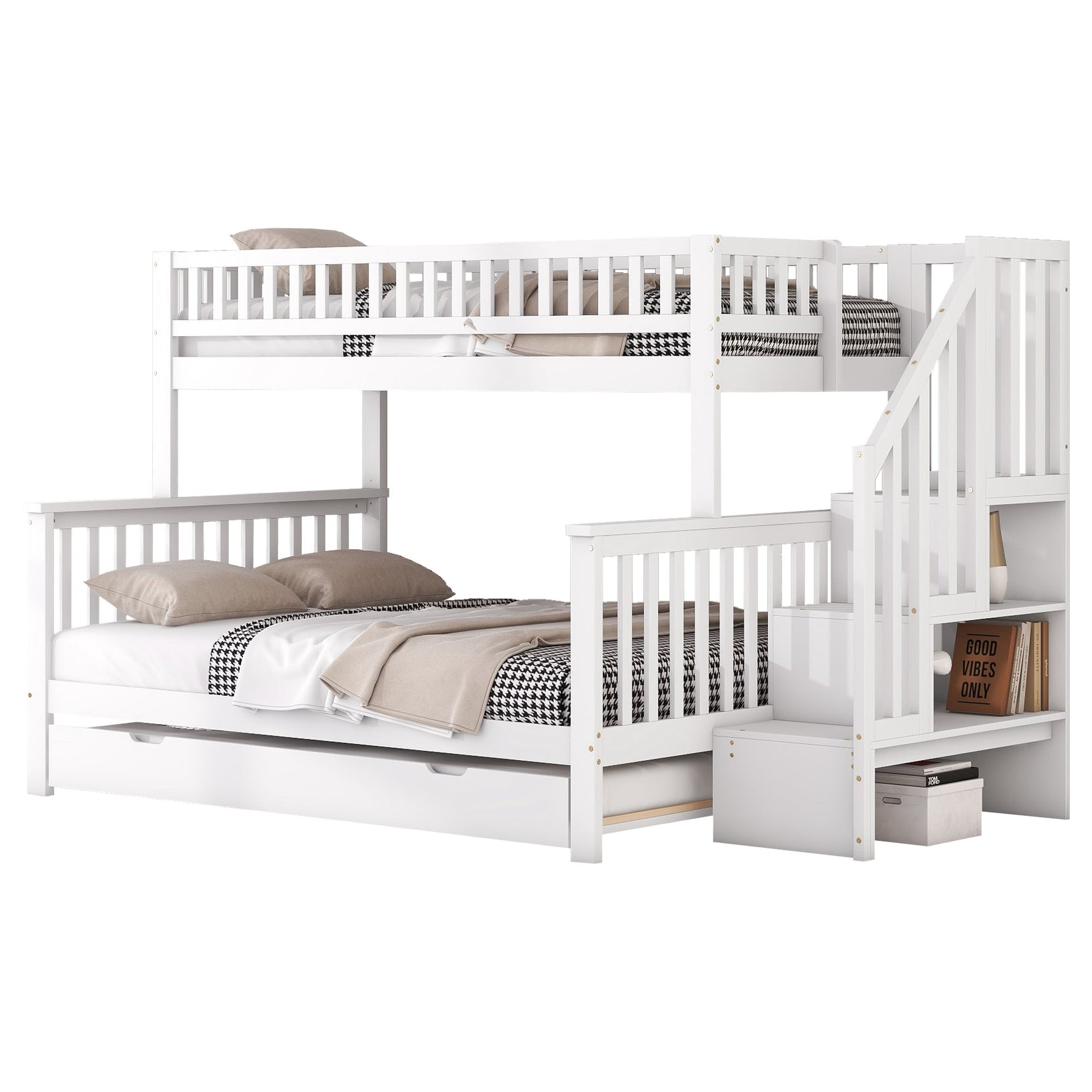 Bunk Bed with Rolling Container, Slatted Base and Storage Stairs, White Pine Wood