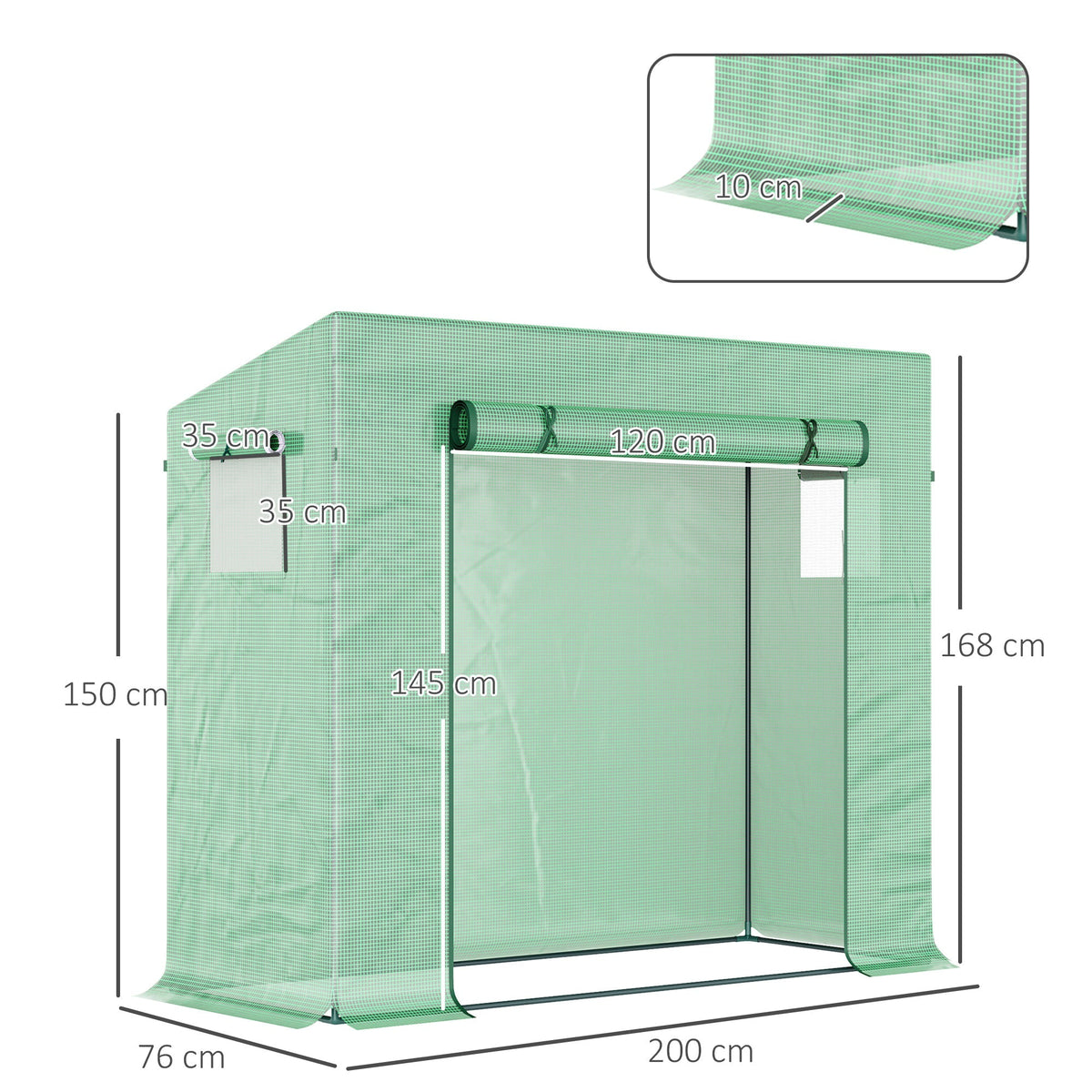 Outsunny Greenhouse with Roll-Up Door and Side Window, 200 x 76 x 168 cm, Green PE Mesh Film