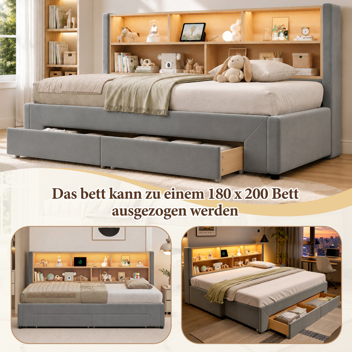 Upholstered Daybed, Extendable with 2 Drawers & USB, Grey Velvet