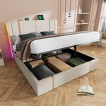 Upholstered Double Bed, 180x200cm, USB-C, APP Control, LED, Storage, Beige Linen