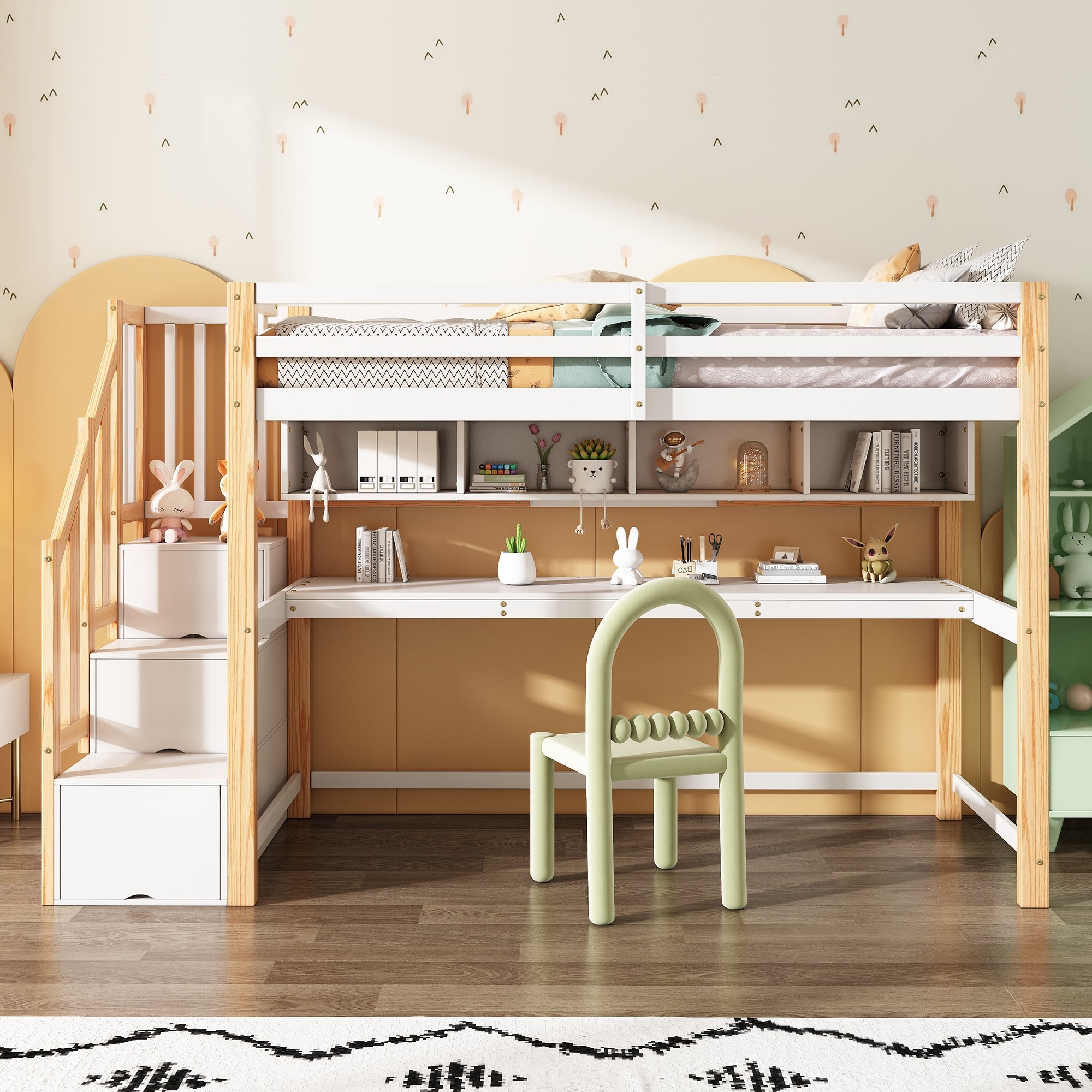 Children's Loft Bed, Large Desk & Shelves, Environmentally Friendly, Natural & White