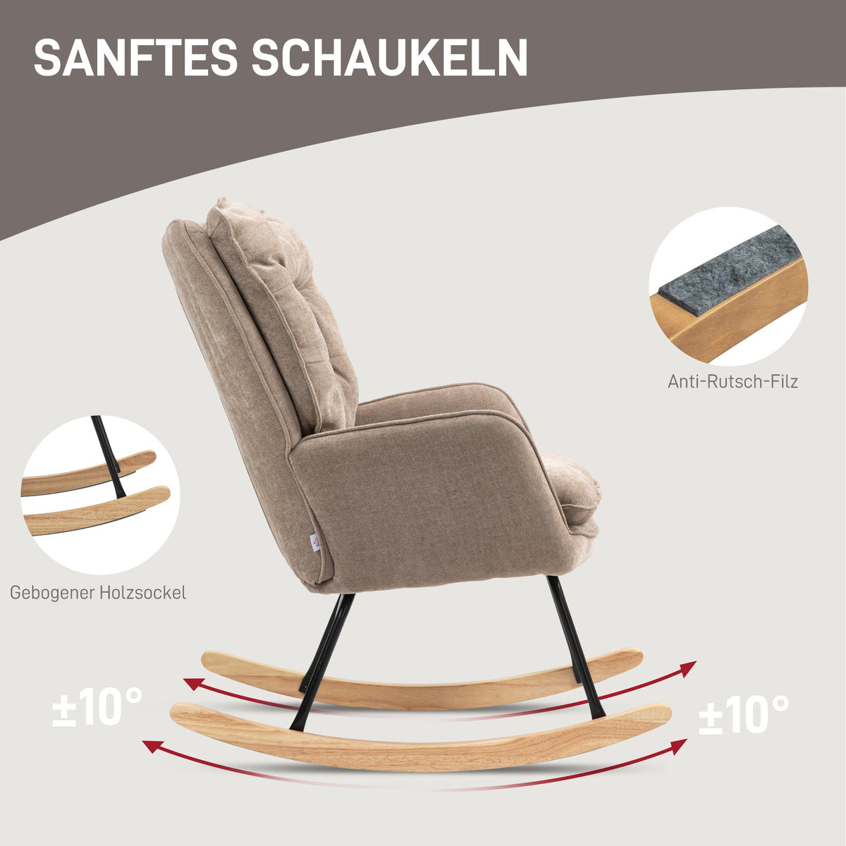 Rocking Chair, Armrests, Nursing, 120kg Load Capacity, Brown