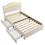 Upholstered Bed 90x200 with LED & 2 Drawers, Beige Linen