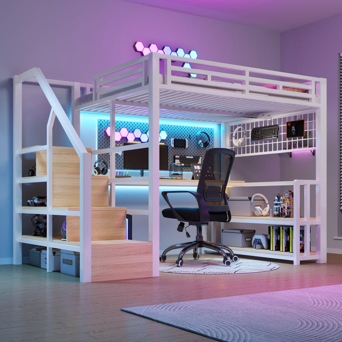 Loft Bed 140x200cm with Desk, Storage & LED, White Iron Frame