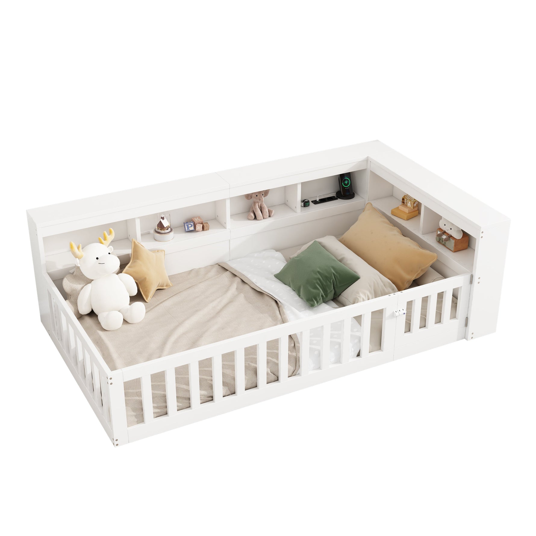 Daybed with Storage Compartment, USB Port and Slatted Base, White Chipboard