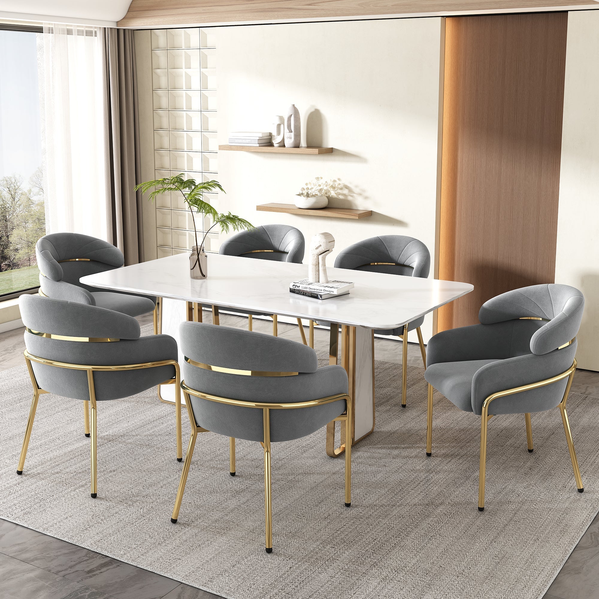 Dining Chair Set of 6, Leisure Chair with Metal Legs, Grey Velvet