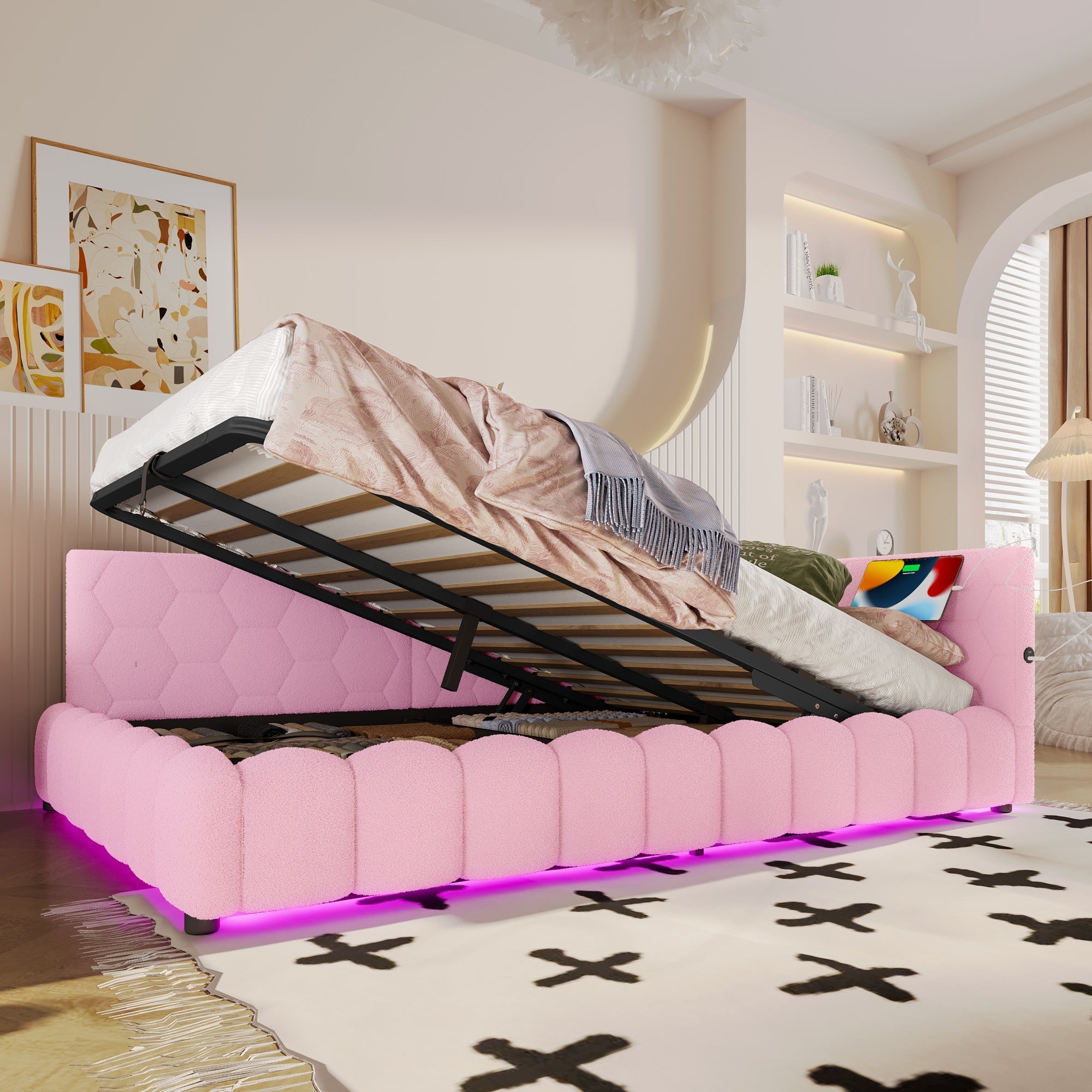 Daybed Sofa Bed 140x200cm Hydraulic Storage LED USB/Type-C - Imitation Fleece Pink