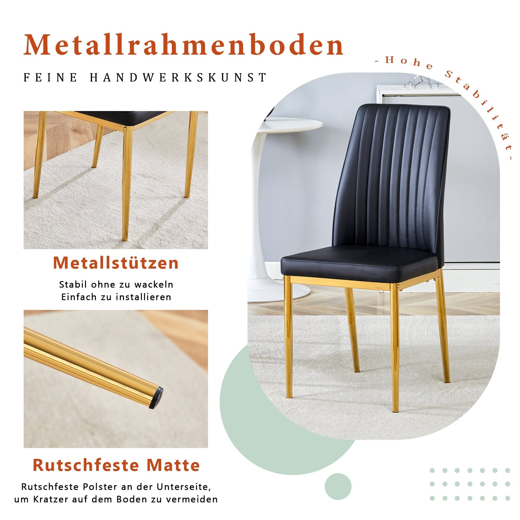 Dining Chair Set 4-Piece Golden Metal Legs PU Leather - Black