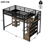 Loft Bed with Desk, Storage Ladder and LED Strip, Black Iron Frame