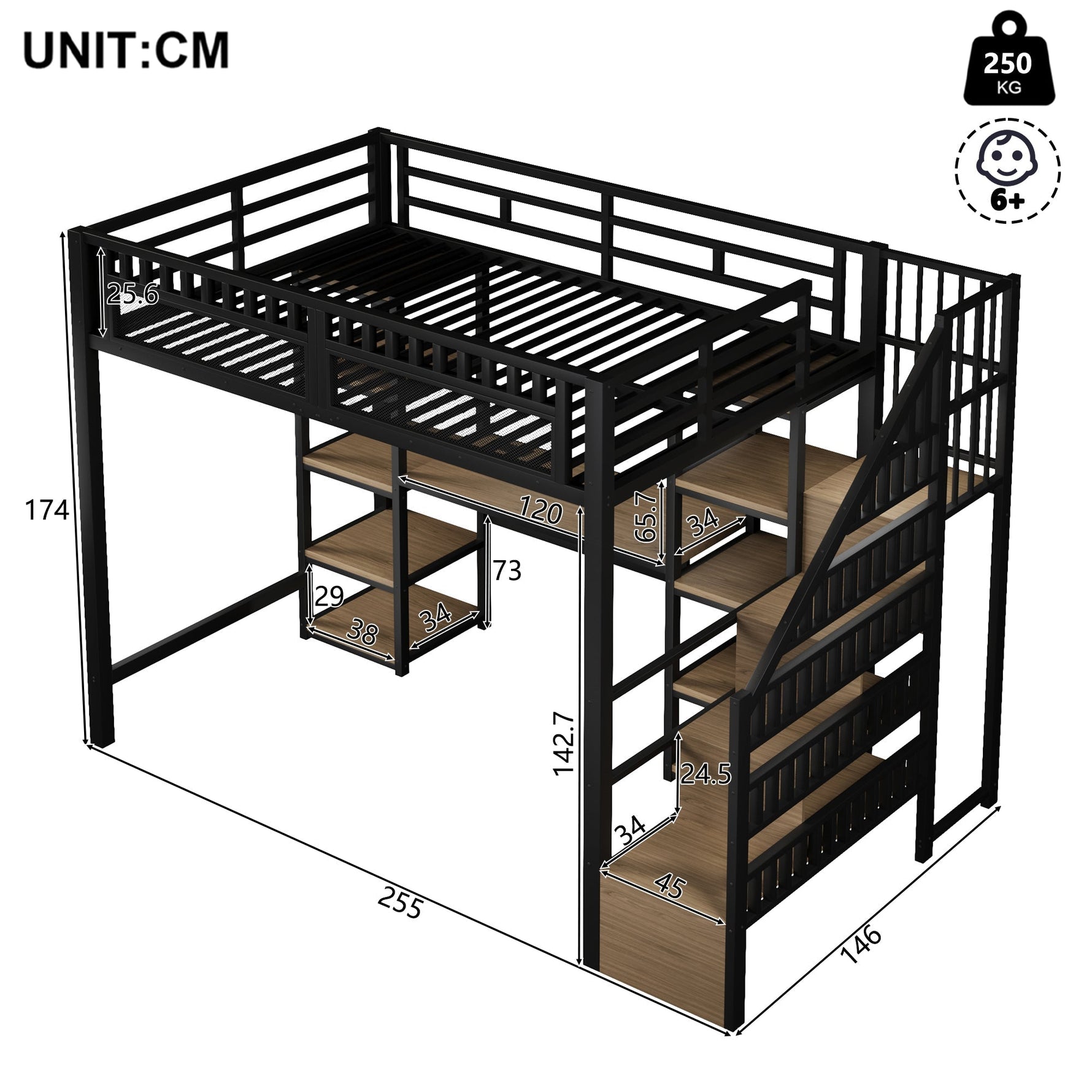 Loft Bed with Desk, Storage Ladder and LED Strip, Black Iron Frame