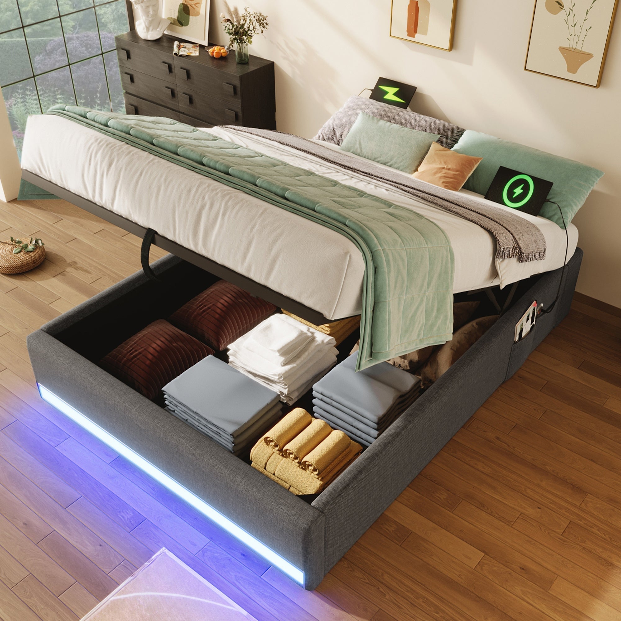 Upholstered Bed 90x200cm Hydraulic Storage with LED & USB/Type-C Ports Grey