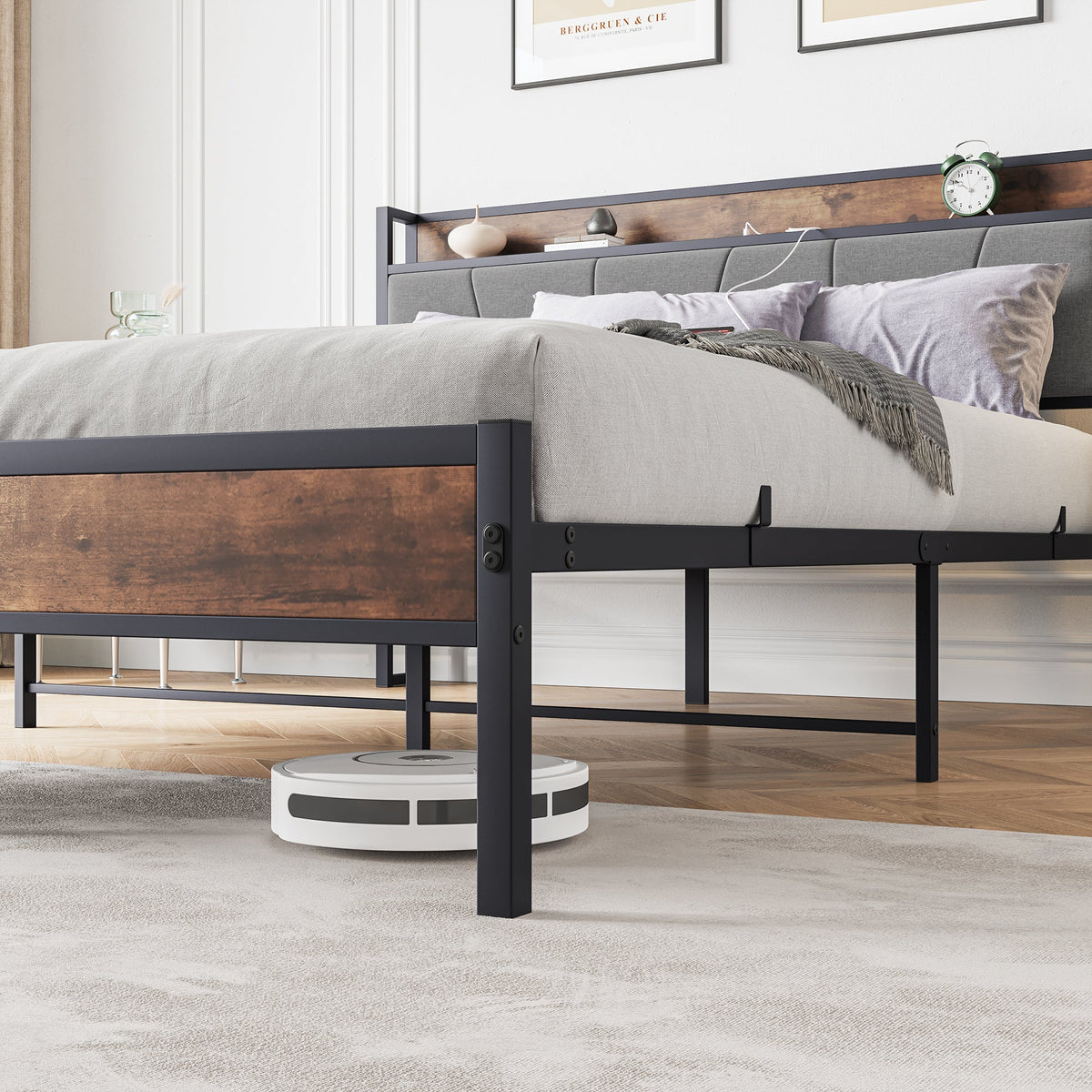 Bed Frame 140x200cm Smart LED USB Metal Slatted Noise-Free, Metal