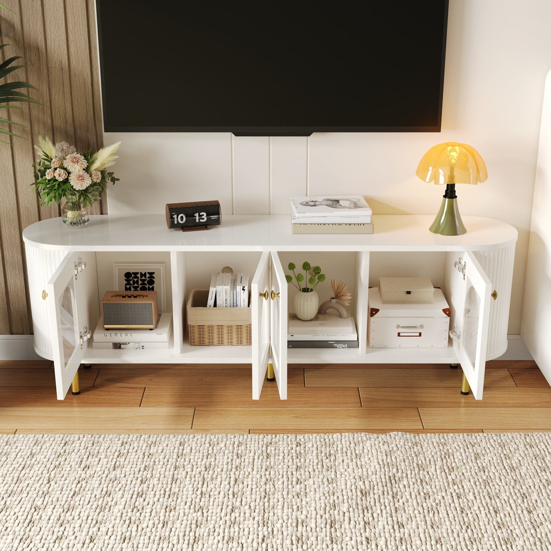 TV Cabinet Lowboard Glass Doors Storage Gold Handles/Legs