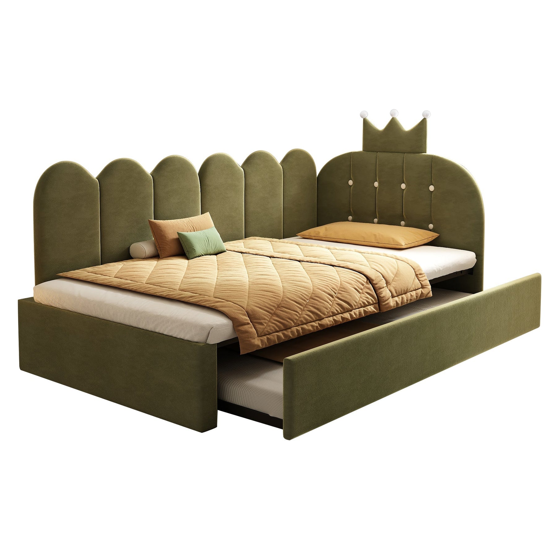 L-Shape Sofa Bed with Pull-out Guest Bed and Crown Lattice Design, 90x200cm, Green Velvet