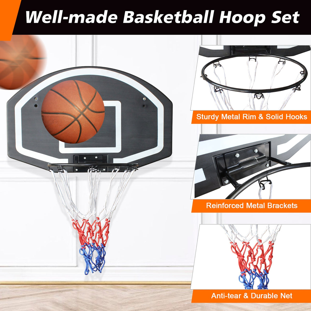 Basketball Hoop, Wall-Mounted 28.5" x 18" Shatterproof, Steel Frame