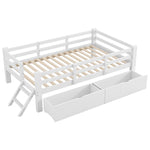 Wooden Platform Bed 90x200cm with Safety Railing & 2 Drawers, White
