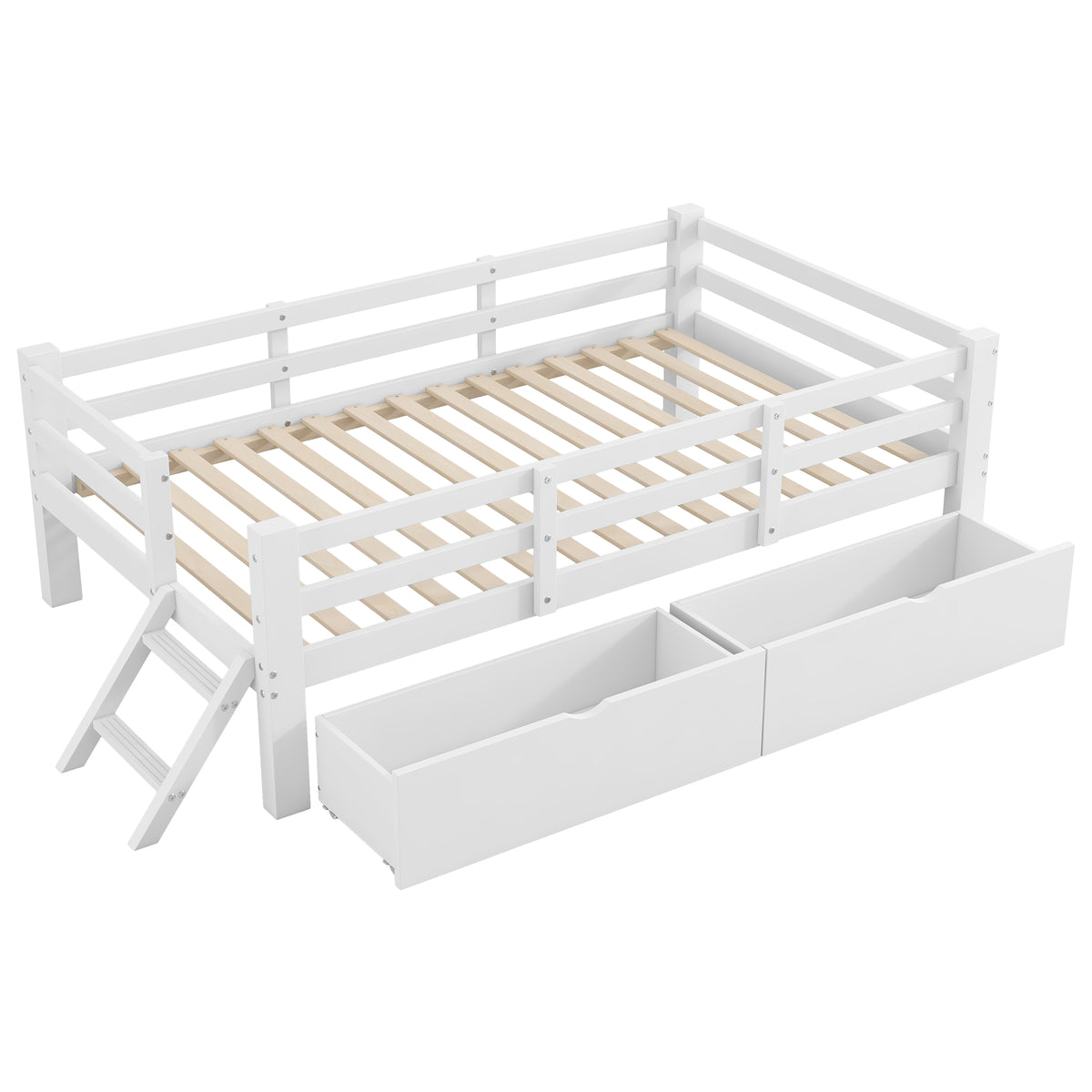 Wooden Platform Bed 90x200cm with Safety Railing & 2 Drawers, White