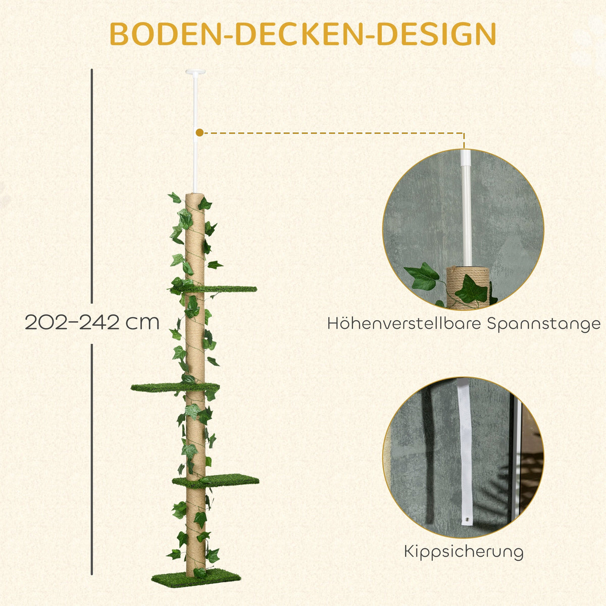 Cat Tree, Height Adjustable Jute, Green and Yellow