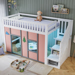 Children's Loft Bed 90x200 cm with Storage Stairs in White & Pink