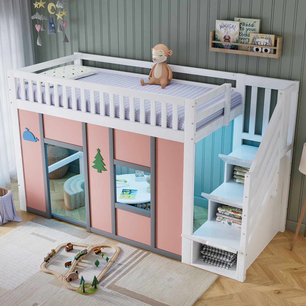 Children's Loft Bed 90x200 cm with Storage Stairs in White & Pink