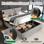 Upholstered Storage Bed with Downlight, USB Port and Slatted Base, 160x200cm, Grey Linen