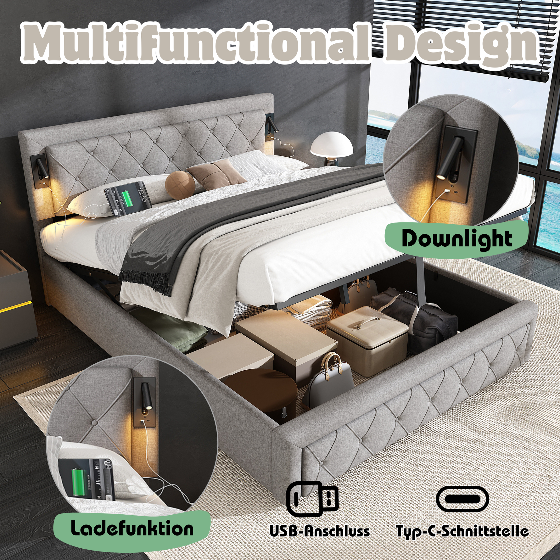 Upholstered Storage Bed with Downlight, USB Port and Slatted Base, 160x200cm, Grey Linen