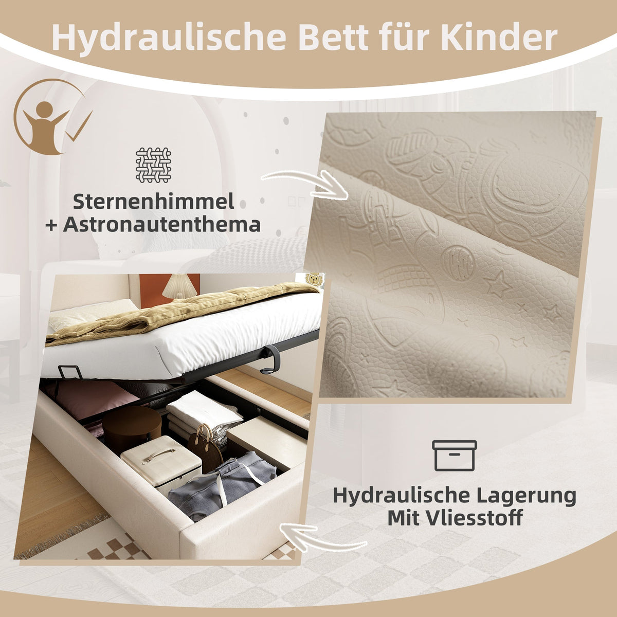 Upholstered Children's Bed, Single with Cosmic Pattern, Beige PU