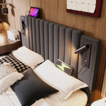 Upholstered Bed 160x200, Double Bed with Storage, Reading Light, Rivet Headboard, Gray Cotton