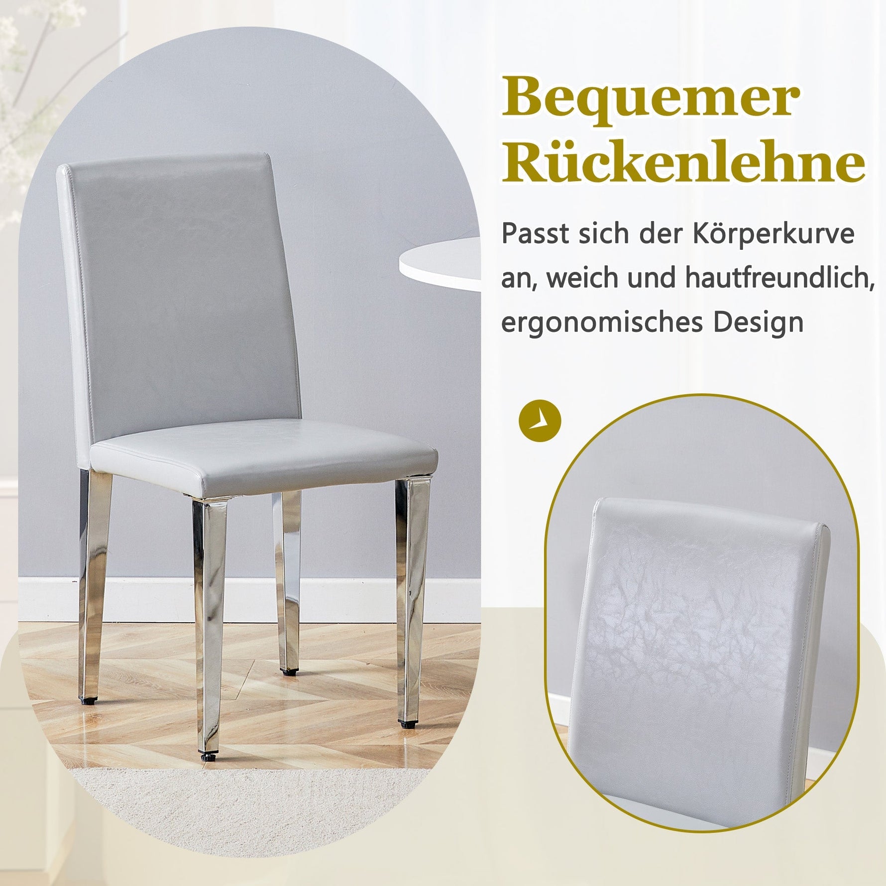 Minimalist Dining Chairs Set of 2, Ergonomic PU Leather with Metal Legs, Grey and Silver
