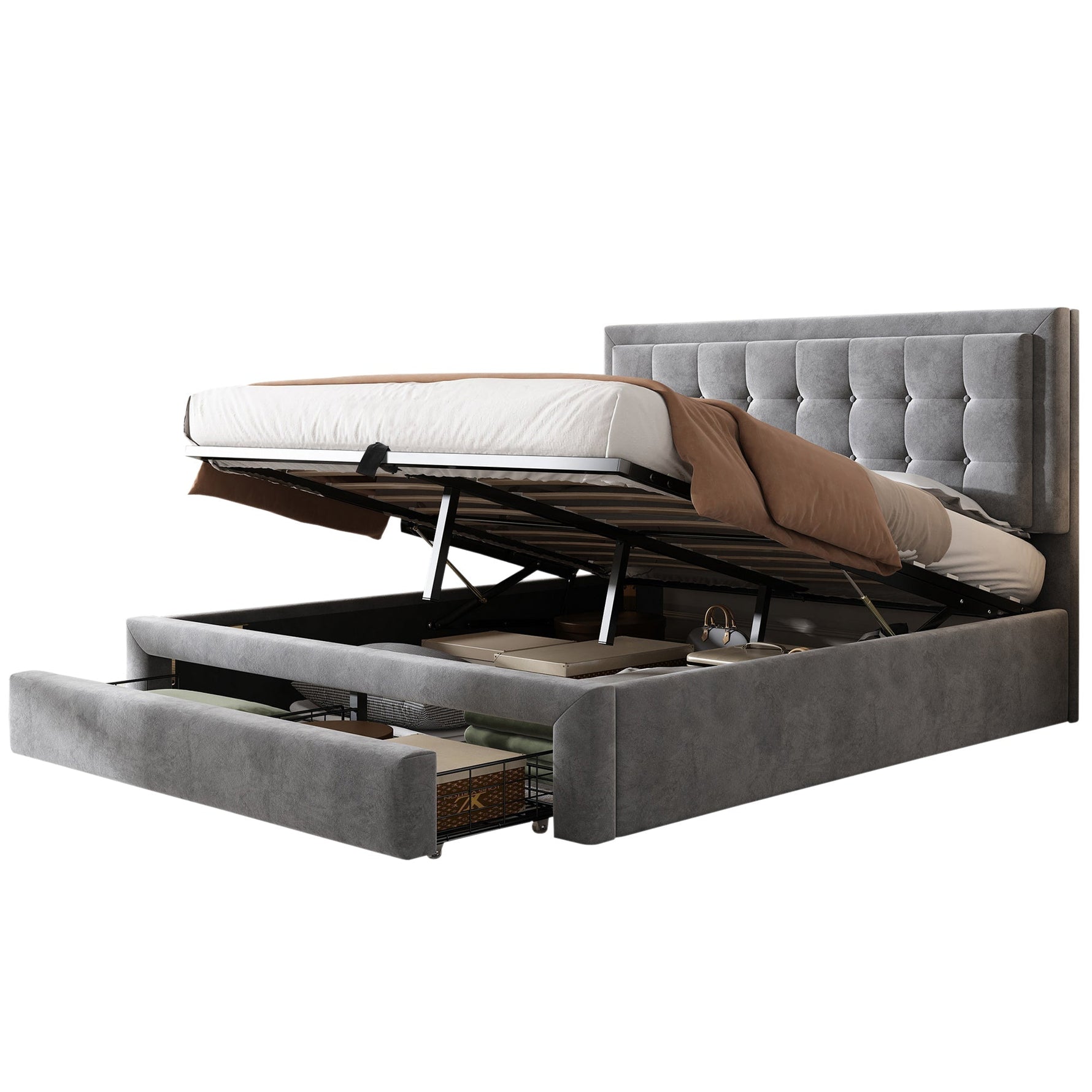 Upholstered Double Bed 140x200cm Storage Box & Drawers Slatted Frame - Velvet Grey