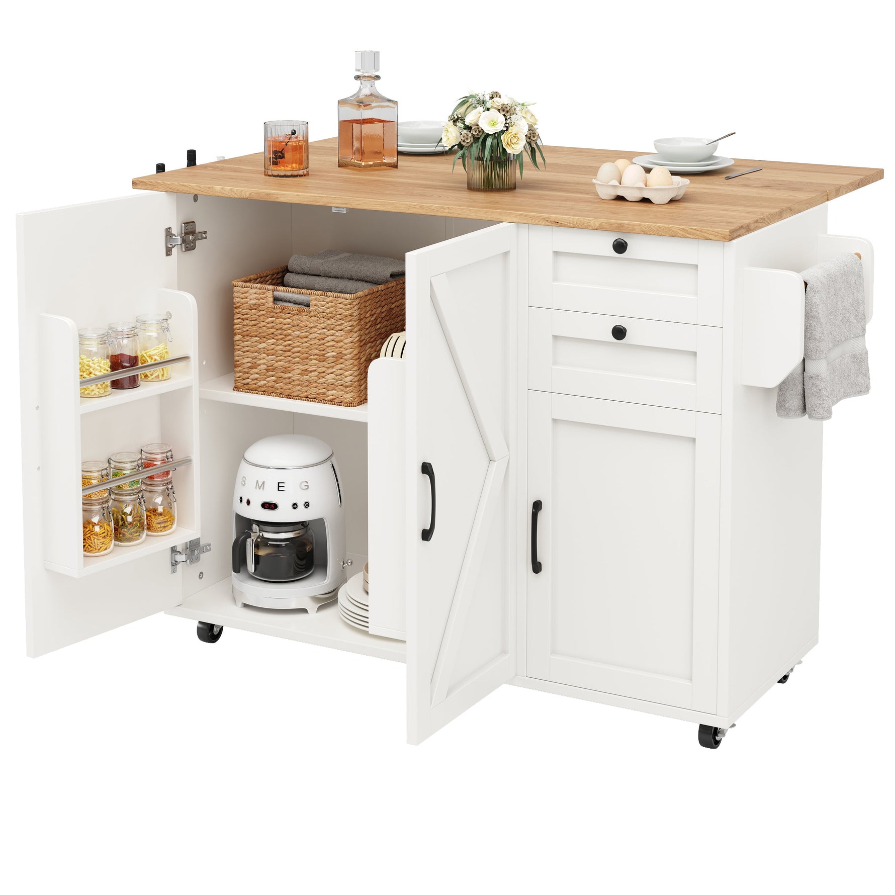 Kitchen Island Sideboard Multifunctional Dining Table Storage Wood Grain - White
