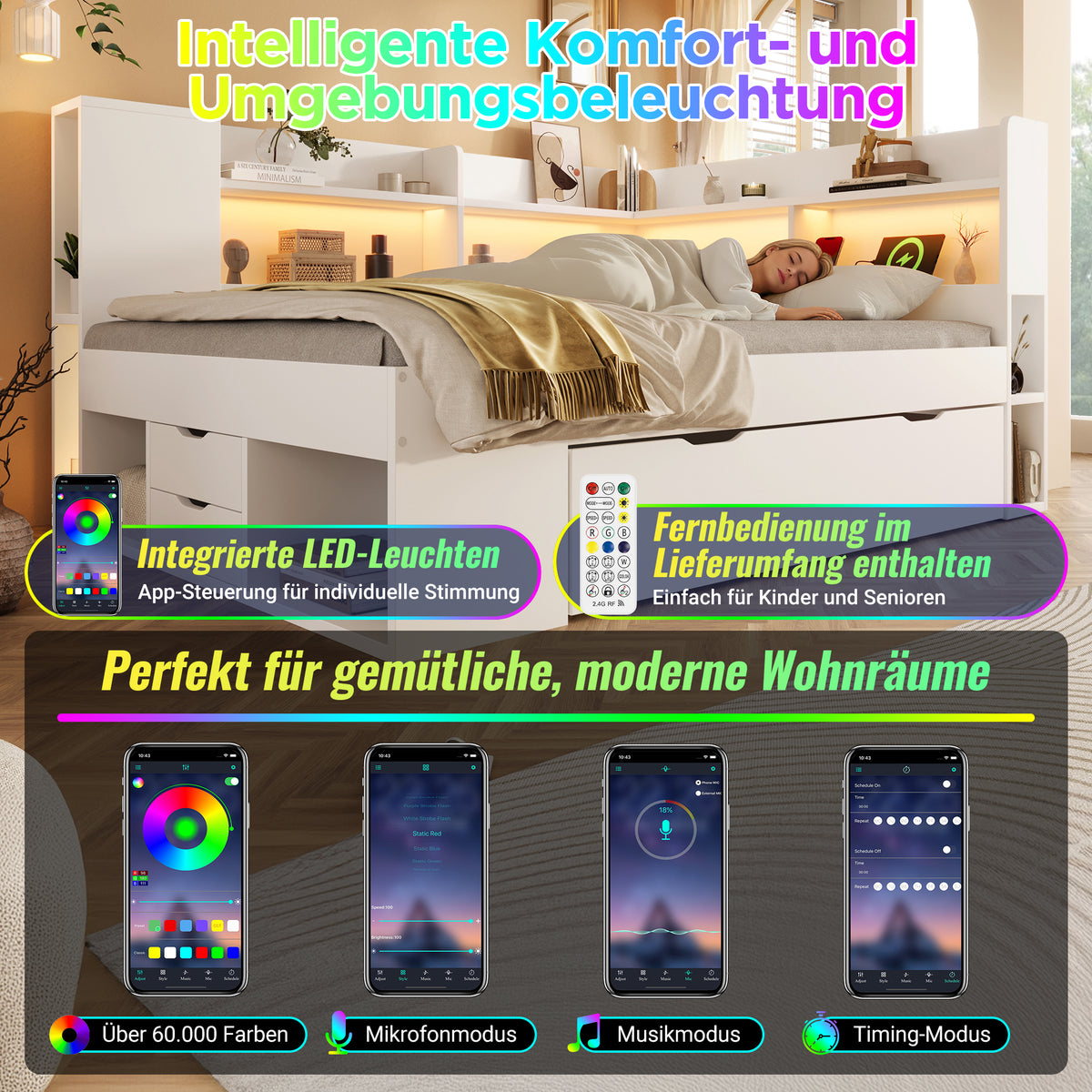 Functional Daybed 140x200cm with LED Light & Storage Drawers, White