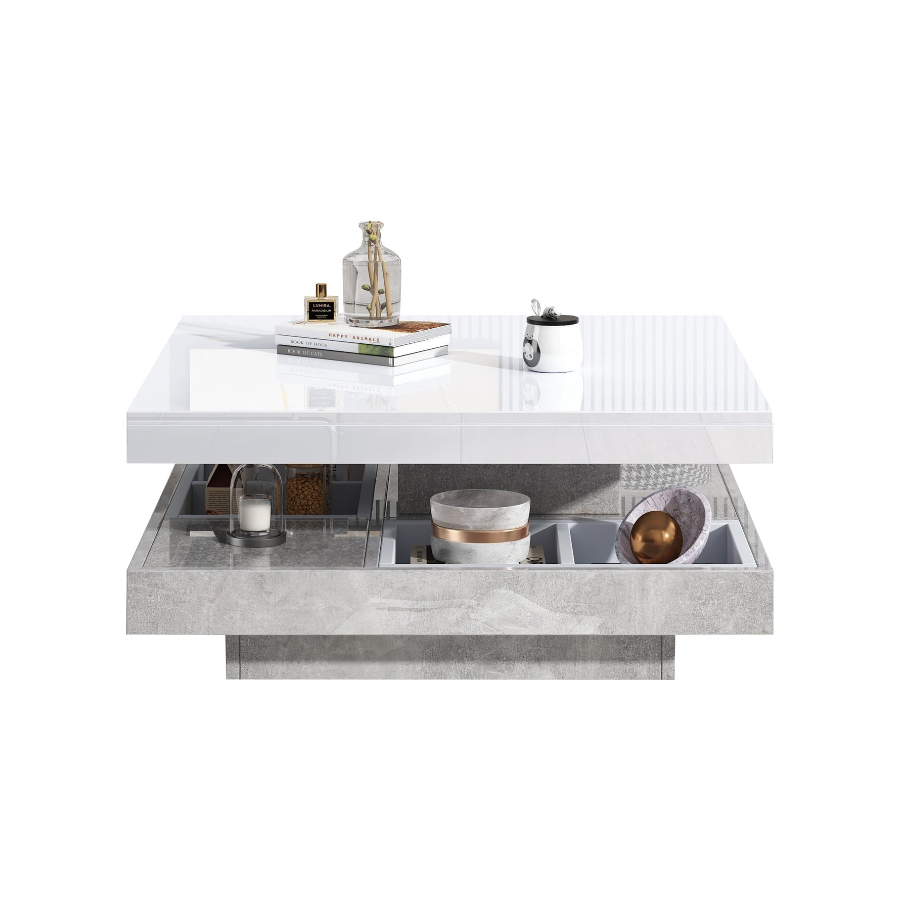 Double Coffee Table, High-Gloss 360° Swivel Top with Storage, White Marble