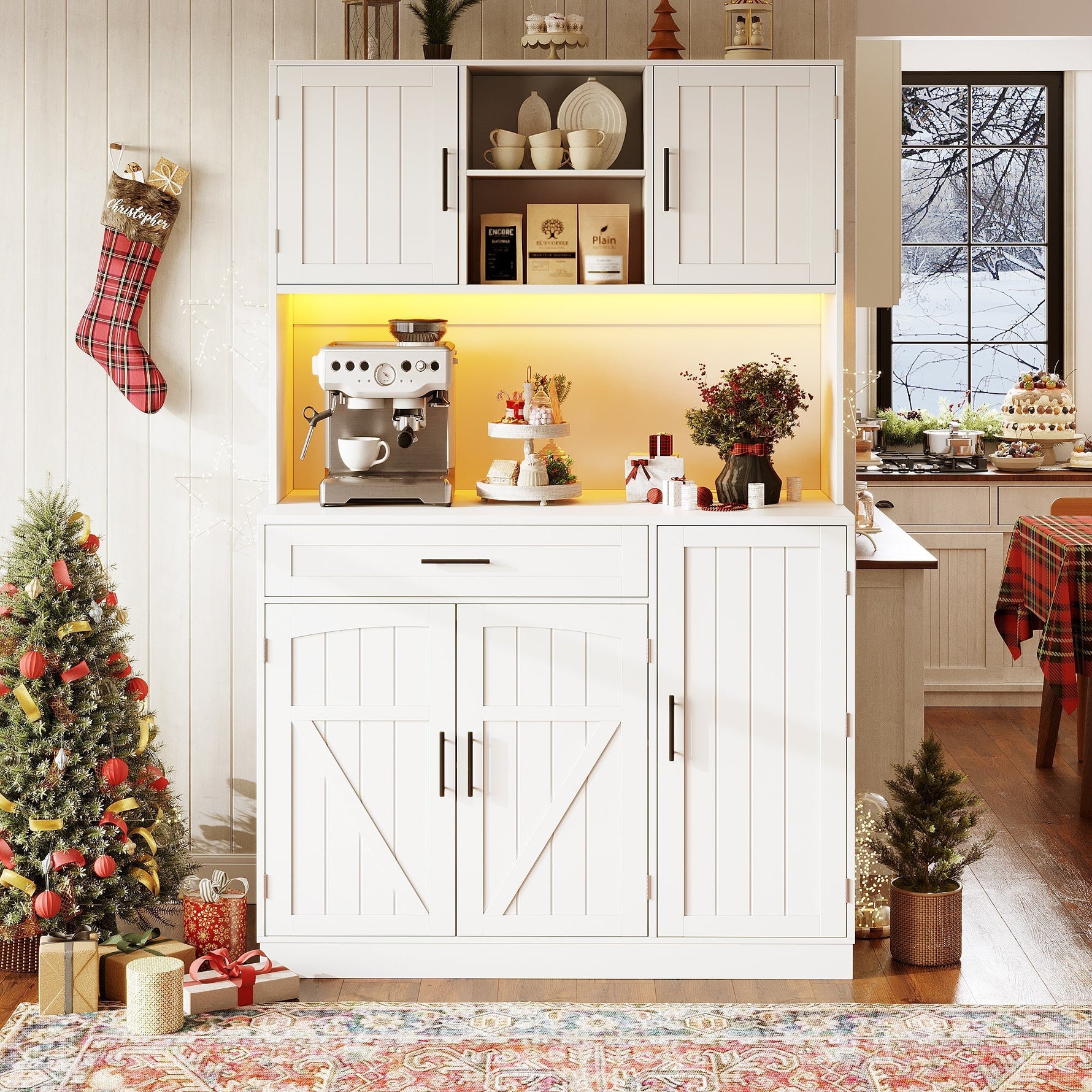 Tall Kitchen Sideboard with LED Strip and Built-in Socket, White