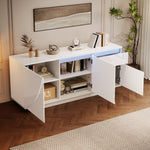 Side Cabinet, 140x40x60cm 3 Cabinets 1 Drawer Adjustable Shelves LED High-Gloss, MDF White